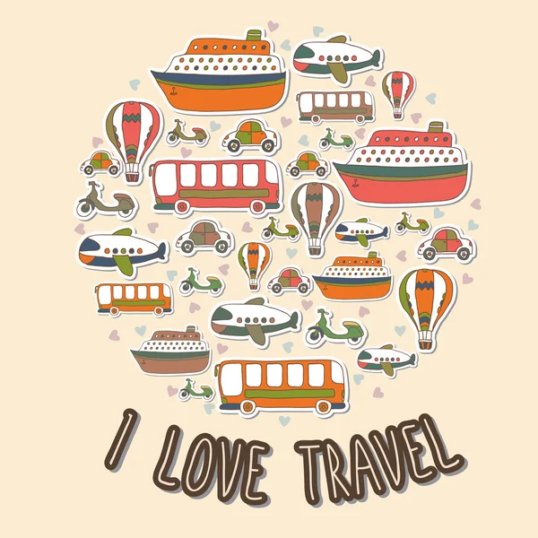 Ich liebe Reisen. Cartoon Transport in der Kreisform. Vektorsatz — Stockvektor