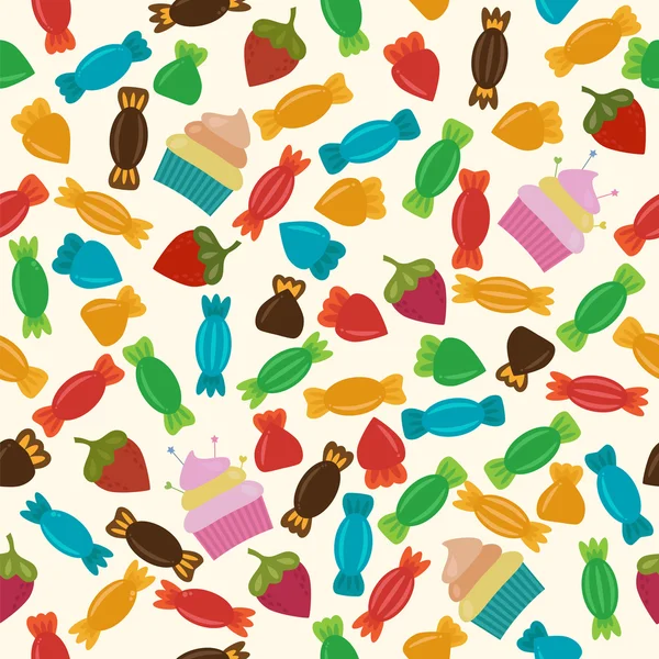 Patrón sin costuras con caramelos de colores, cupcakes y fresas — Archivo Imágenes Vectoriales