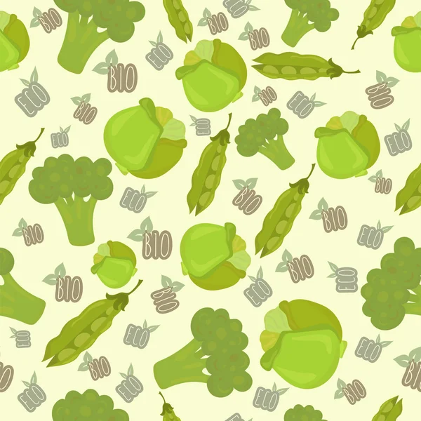 Seamless pattern with cabbage, green peas, broccoli. Eco, bio ba — Stock Vector