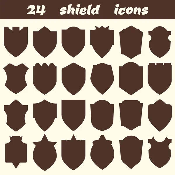 24 shield icons. Set of different shield shapes icons, borders, — Stock Vector