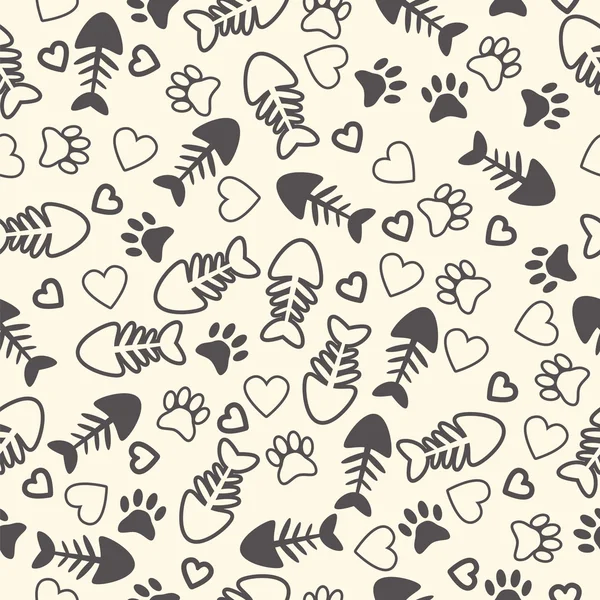 Seamless pattern with cat paw prints, fish bone, and hearts. End — Stock Vector