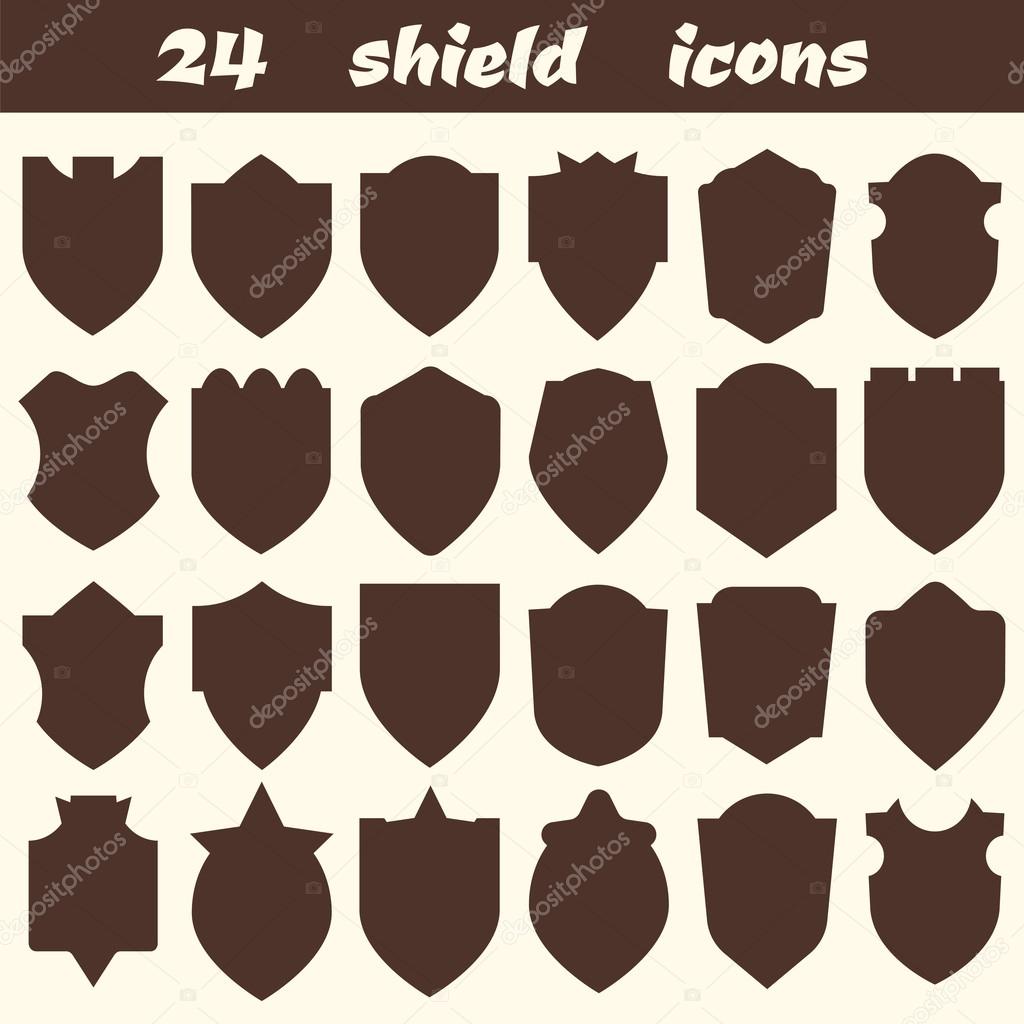 24 shield icons. Set of different shield shapes icons, borders, 