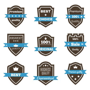 Set of 9 vintage badges. Shields with ribbons. Sale, premium qua clipart