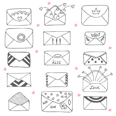 Set of hand drawn mailing envelopes. Communication icon in sketc clipart