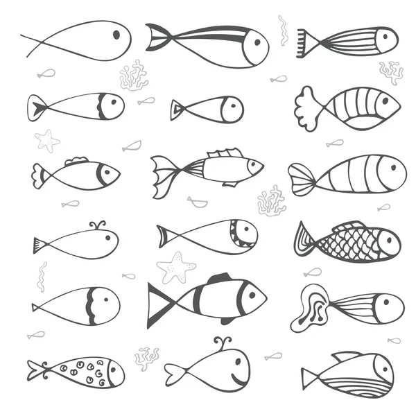 Colección de peces sobre fondo blanco. Estilo dibujado a mano — Vector de stock