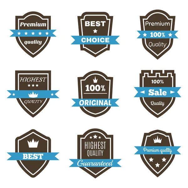 Set of 9 vintage badges. Shields with ribbons. Sale, premium qua — Stock Vector