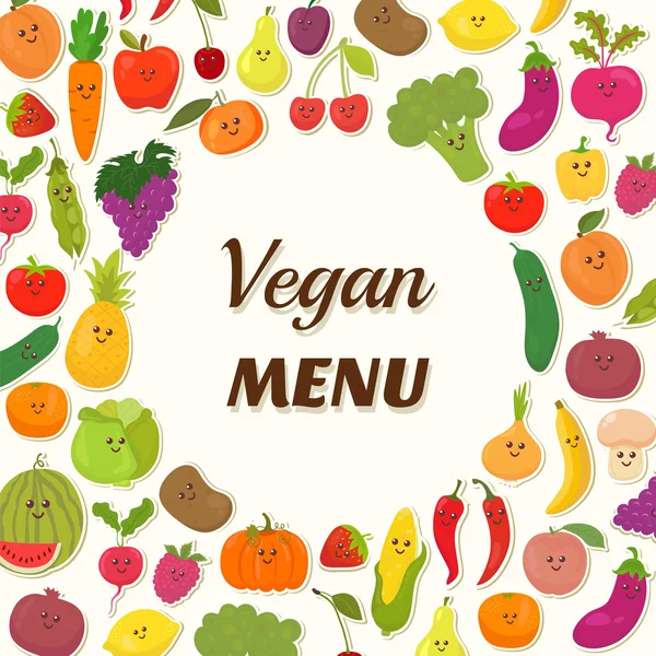 Sullo sfondo del menu vegano. Design della carta vegetariana. Frutta carina e v — Vettoriale Stock