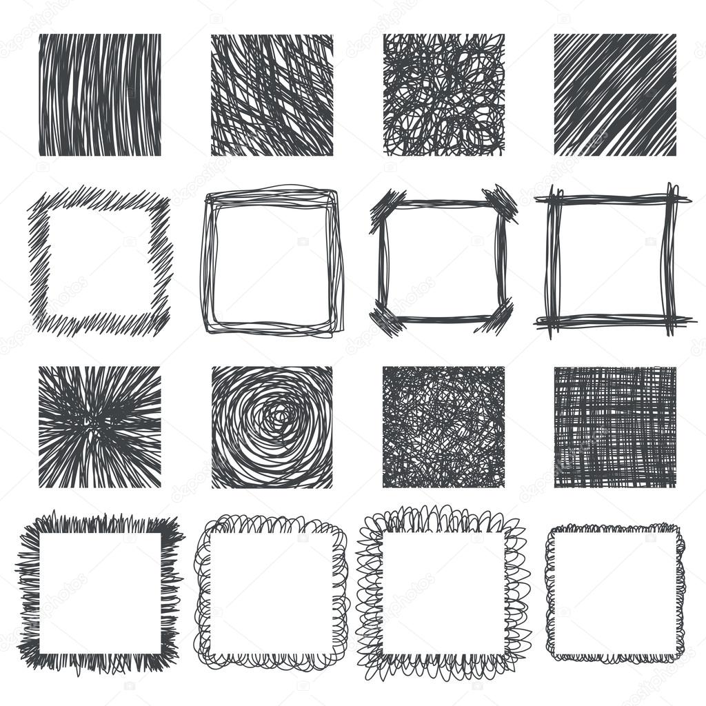 Set of hand drawn squares. Vector design elements. Lines texture