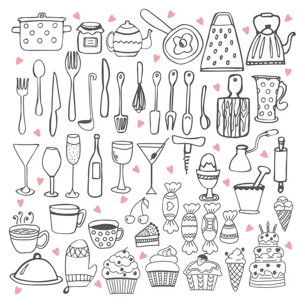 Me encanta cocinar. Colección de utensilios de cocina — Vector de stock
