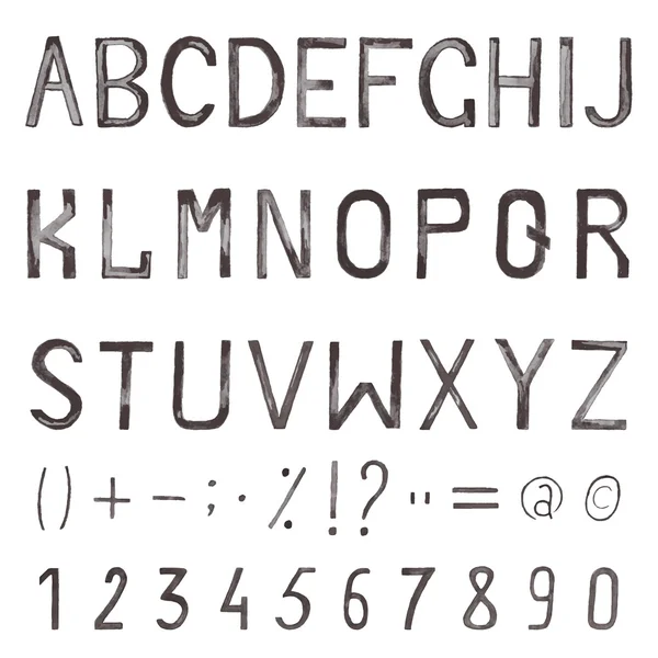 Fonte aquarelle dessinée à la main. Alphabet avec chiffres et symboles — Image vectorielle