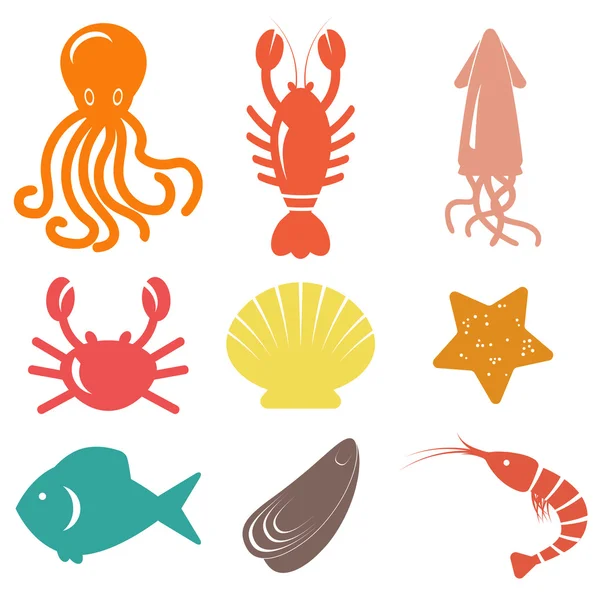 Ikon makanan laut. Kehidupan laut - Stok Vektor