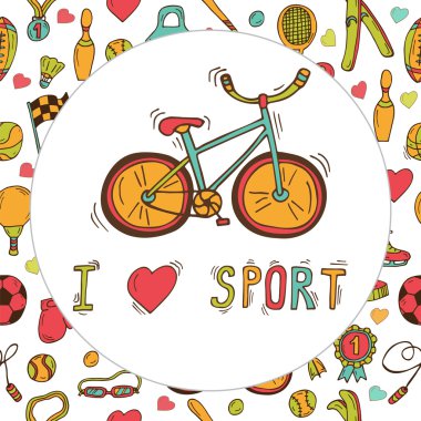 Sporu severim. Bisiklet amblemi. Elle çizilmiş doodle spor arka plan