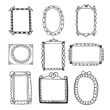 Elle çizilmiş kare kümesi. Vintage fotoğraf çerçeveleri üzerinde beyaz backgrou