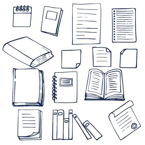 Libro dibujado a mano, documentos, cuaderno y hojas de papel — Vector de stock