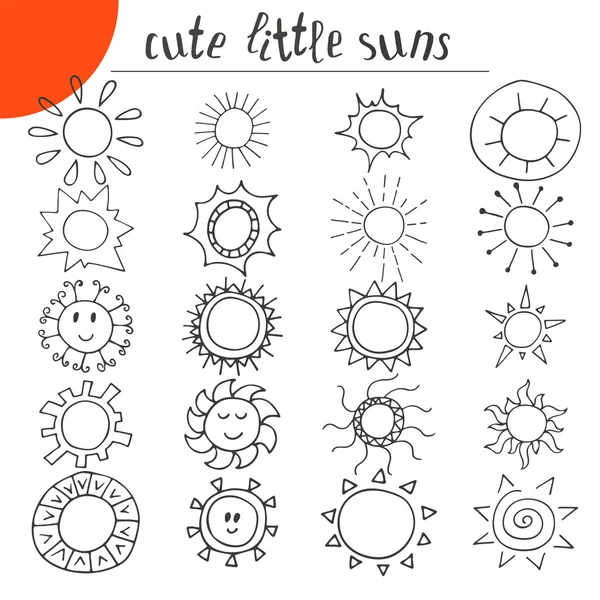 Χέρι που χαριτωμένο μικρούς ήλιους. Doodle σύνολο — Διανυσματικό Αρχείο