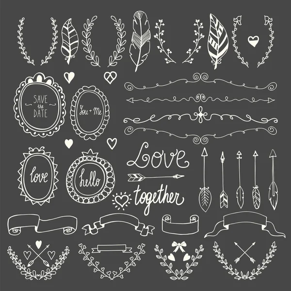 Conjunto gráfico dibujado a mano. Boda conjunto de flechas, laurel, coronas , — Vector de stock