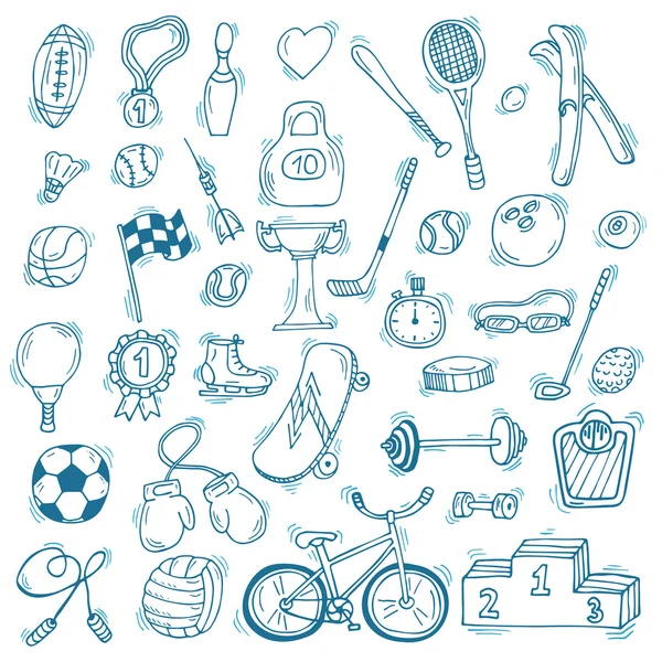 Conjunto de ícones esportivos desenhados à mão. Fitness e desporto. Estilo de vida saudável —  Vetores de Stock