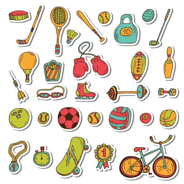 Conjunto de adesivos de estilo de vida saudável. Ícones desportivos. Doodle fi desenhado à mão —  Vetores de Stock