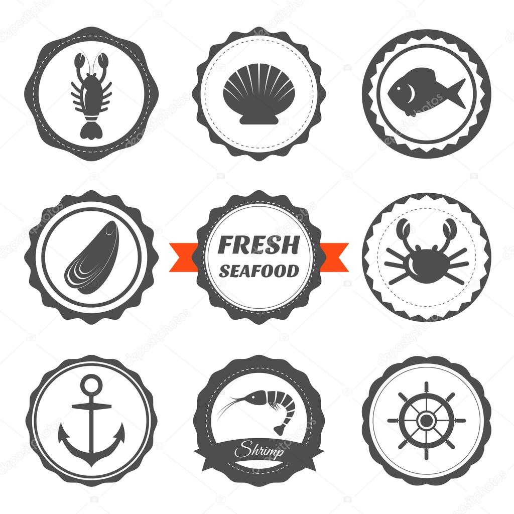 Set of seafood labels. Seafood logos and design elements. Vector illustration