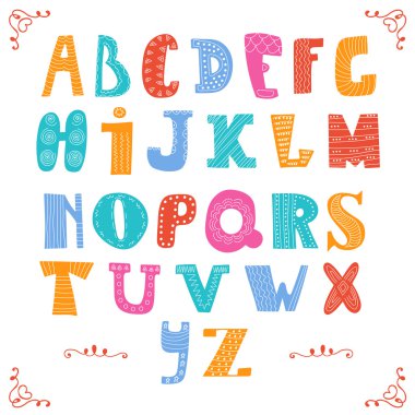 Cute vector alphabet isolated on white background. Hand drawn le