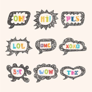 Hand drawn speech bubble set with short phrases. Oh, hi, pls, om