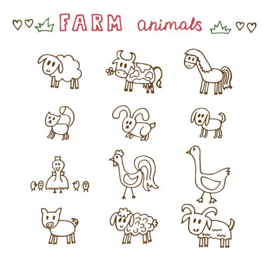 Set of hand drawn farm animals. Sheep, cow, horse, pig, goose, d