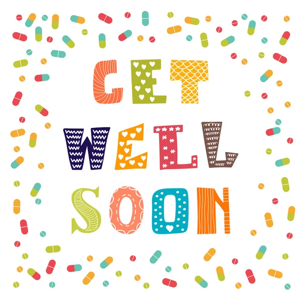 Get well soon card with pills. Greeting card — 图库矢量图片