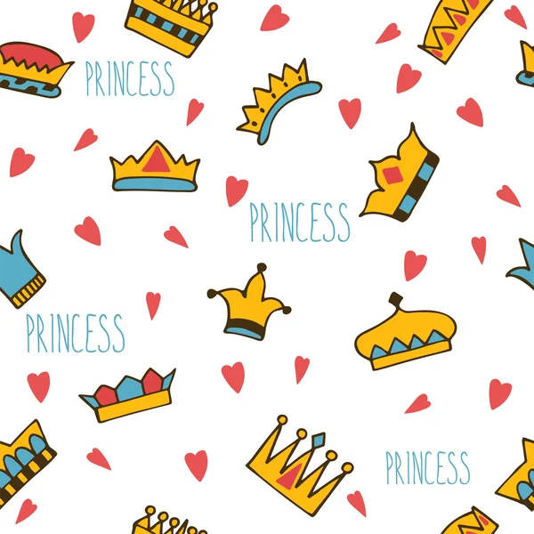 Princess seamless pattern with hand drawn crowns and hearts — Stock Vector