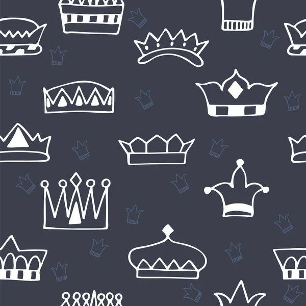 Seamless pattern with hand drawn crowns on dark background — Stockvector