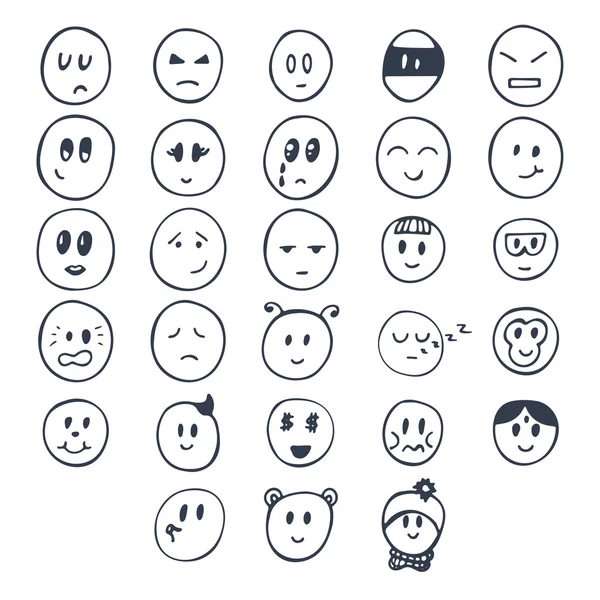 Set tangan menggambar wajah lucu dengan ekspresi yang berbeda. Senyum - Stok Vektor