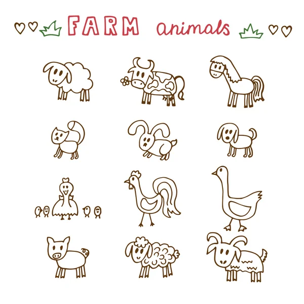 Conjunto de animales de granja extraídos a mano. Ovejas, vacas, caballos, cerdos, ganso, d — Vector de stock