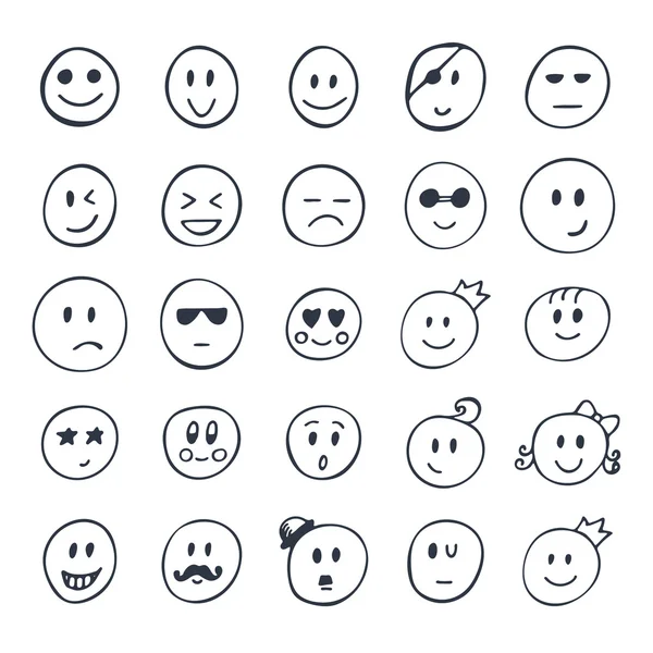 Conjunto de sonrientes dibujadas a mano, caras divertidas con diferentes expresiones — Archivo Imágenes Vectoriales
