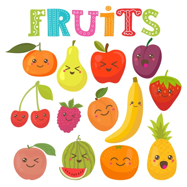 Cute kawaii smiling fruits. Healthy style collection — Stock Vector