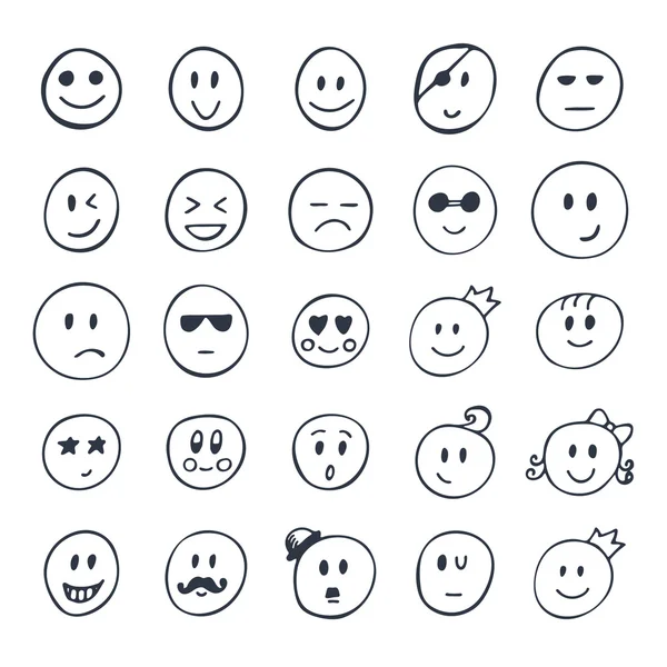 Conjunto de sonrientes dibujadas a mano, caras divertidas con diferentes expresiones Vector De Stock