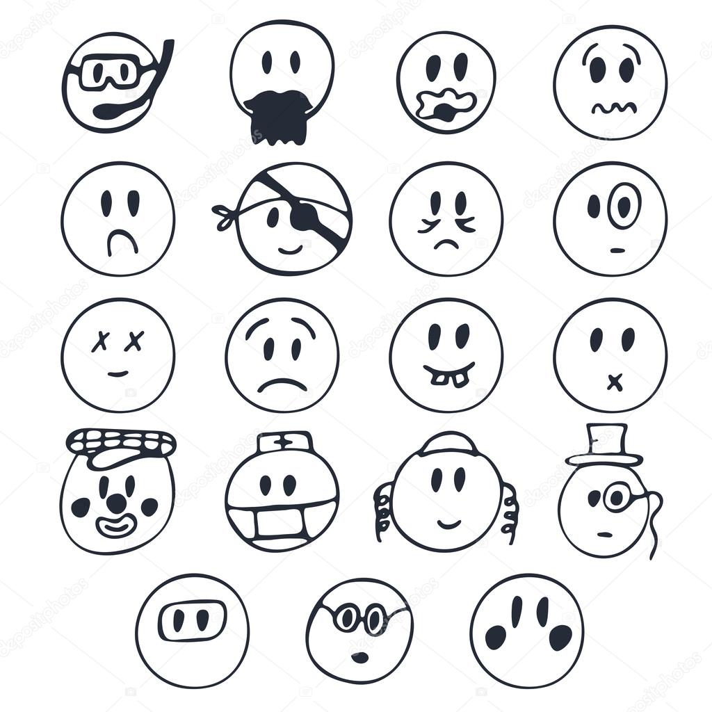 Hand drawn faces with different emotions. Set of cute smiley fac