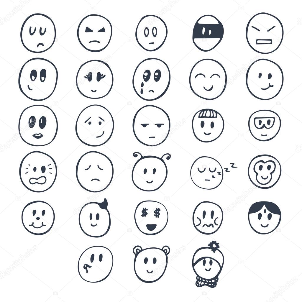 Set of hand drawn funny faces with different expressions. Smiley