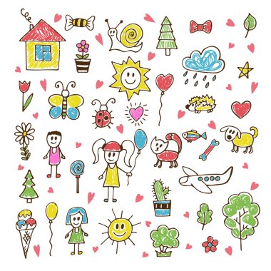 Doodle children drawing. Hand drawn set of drawings in child sty