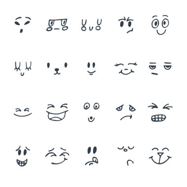 Komik suratlar ile farklı ifadeler kümesi. Sevimli çizgi emot