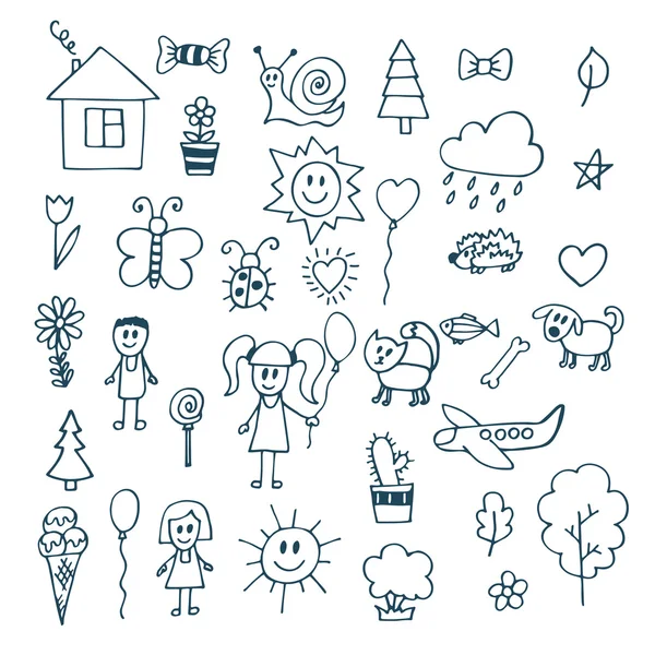 Children drawing. Doodle set of objects from a child's life — Stock vektor