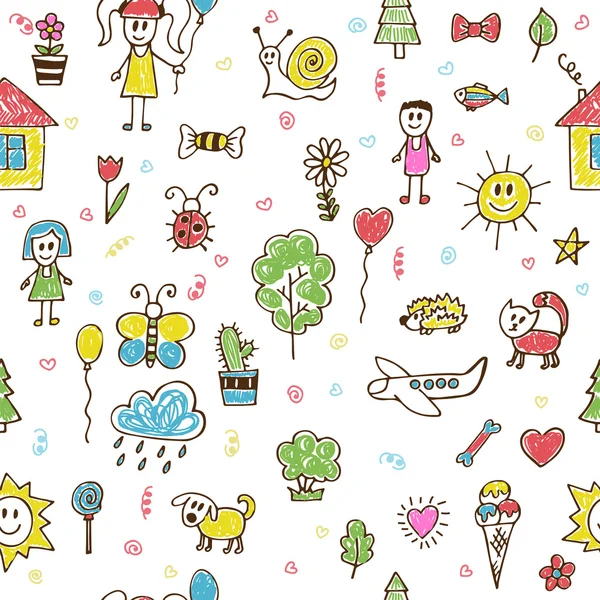 Hand drawn children drawings color seamless pattern. Doodle chil — Stok Vektör