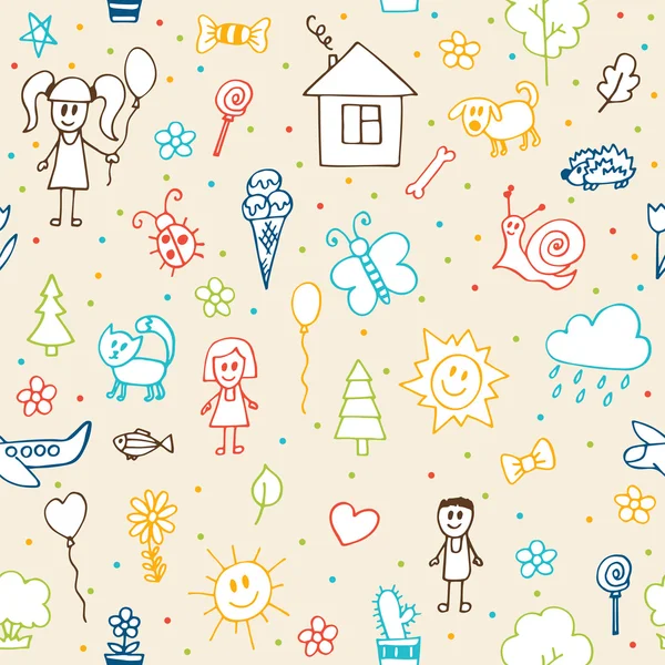 Hand drawn children drawings seamless pattern. Doodle children d — Stockový vektor