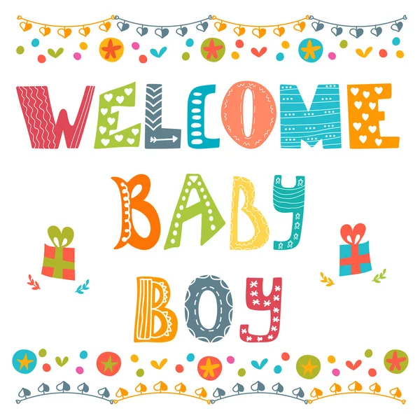 Üdvözöljük a baba fiú. Baby boy érkezés kártya. Baby boy shower kártya — Stock Vector