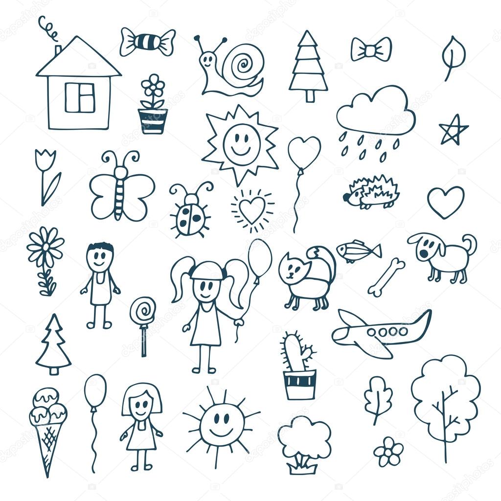 Children drawing. Doodle set of objects from a child's life Stock ...
