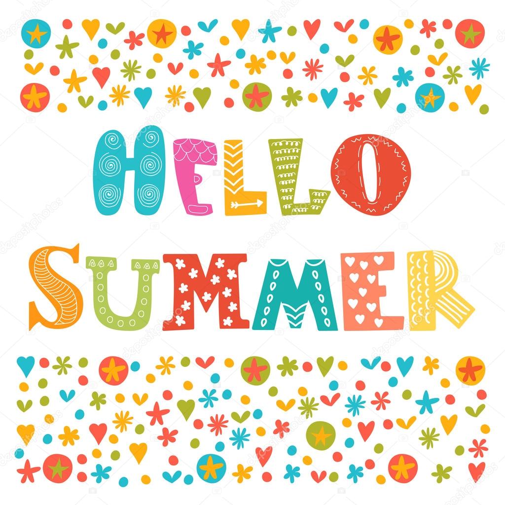 Hello summer card with decorative design elements. Cute greeting