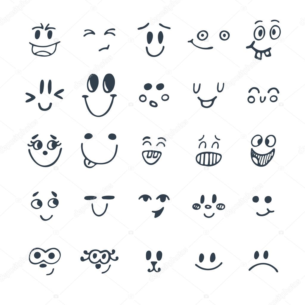 Set of hand drawn funny faces. Cute cartoon emotional faces set