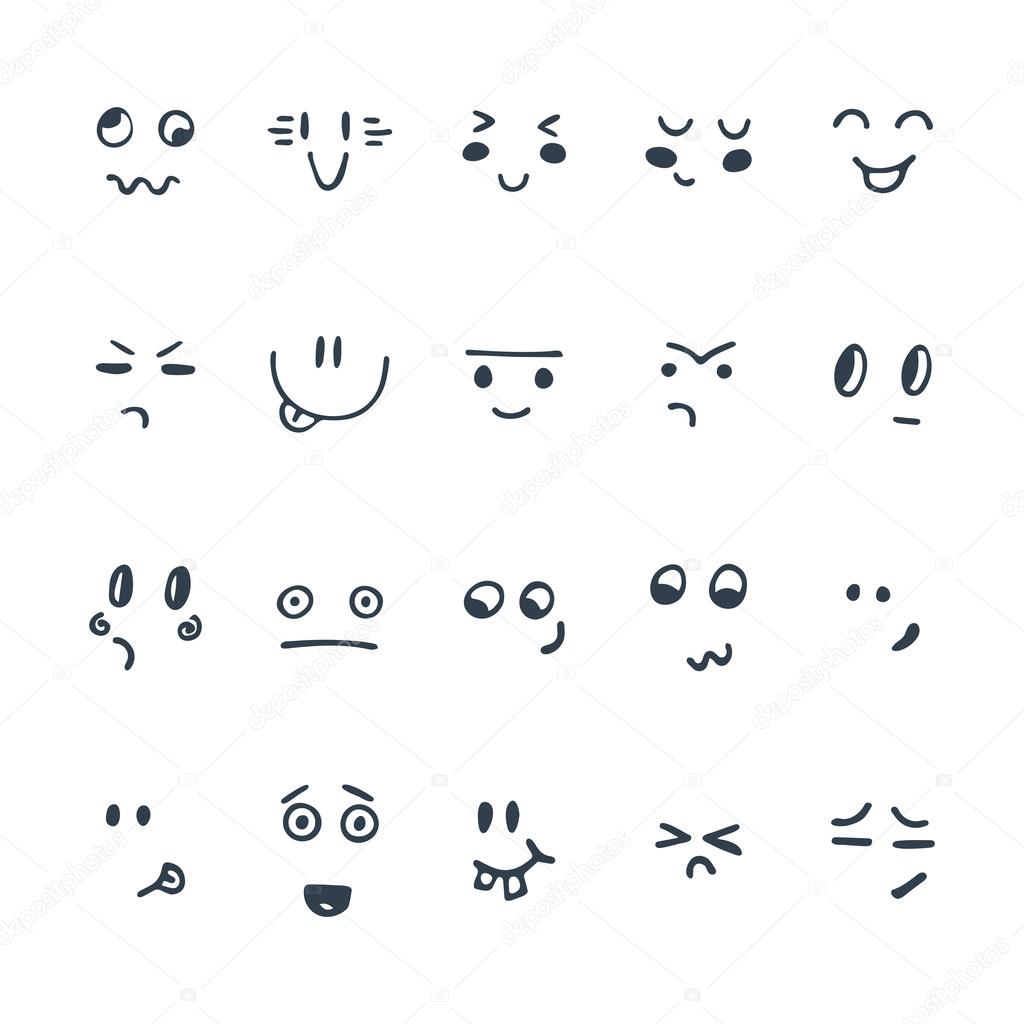 Sketched facial expressions set. Set of hand drawn funny cartoon