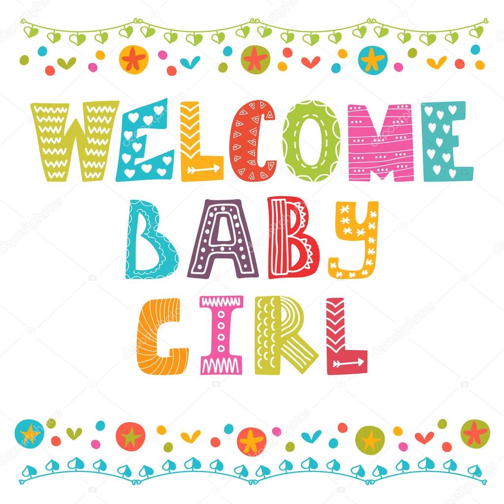 Welcome baby girl. Baby girl arrival card. Baby girl shower card