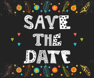 Tarihi bildirimi kartı kaydedin. Düğün davetiye kartı şirin arka plan ile