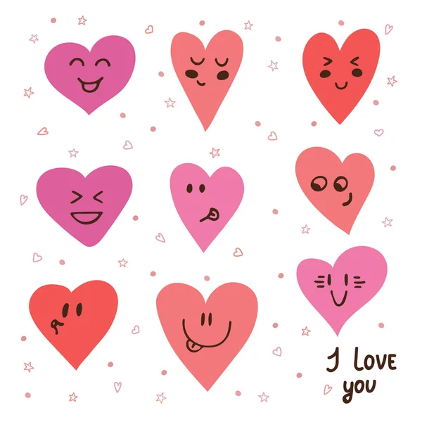 Funny happy smiley hearts. Cute cartoon characters. Bright vecto — Stock Vector