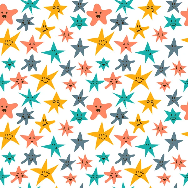 Patrón sin costura vectorial con estrellas sonrientes lindas. Colores abstractos — Archivo Imágenes Vectoriales